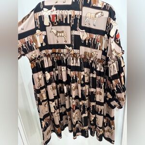 Beulah Woman Dress with Equestrian Print in Black and Tan
